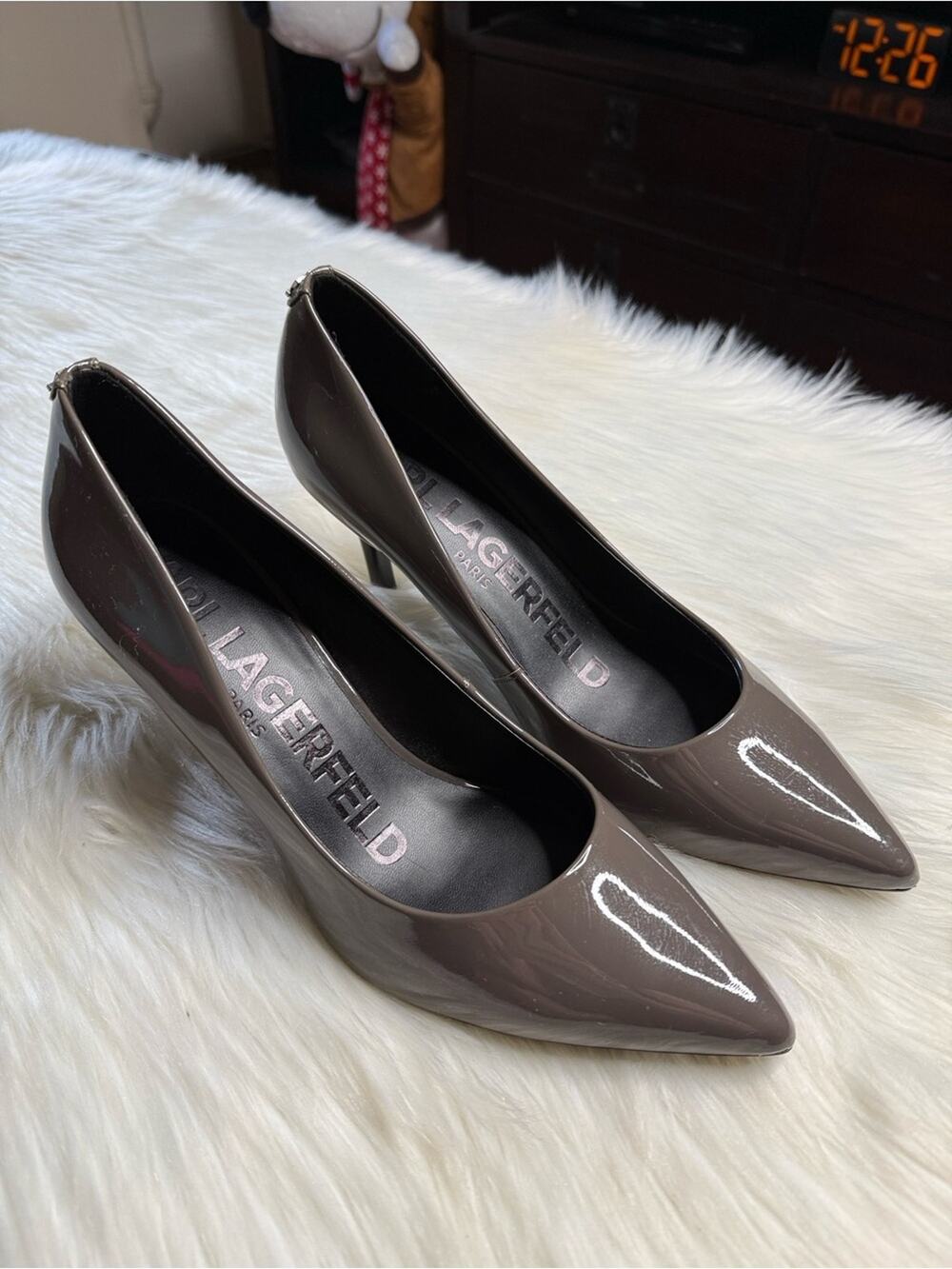 Karl Lagerfeld Paris Royale Patent Leather Anthracite Gray Heels